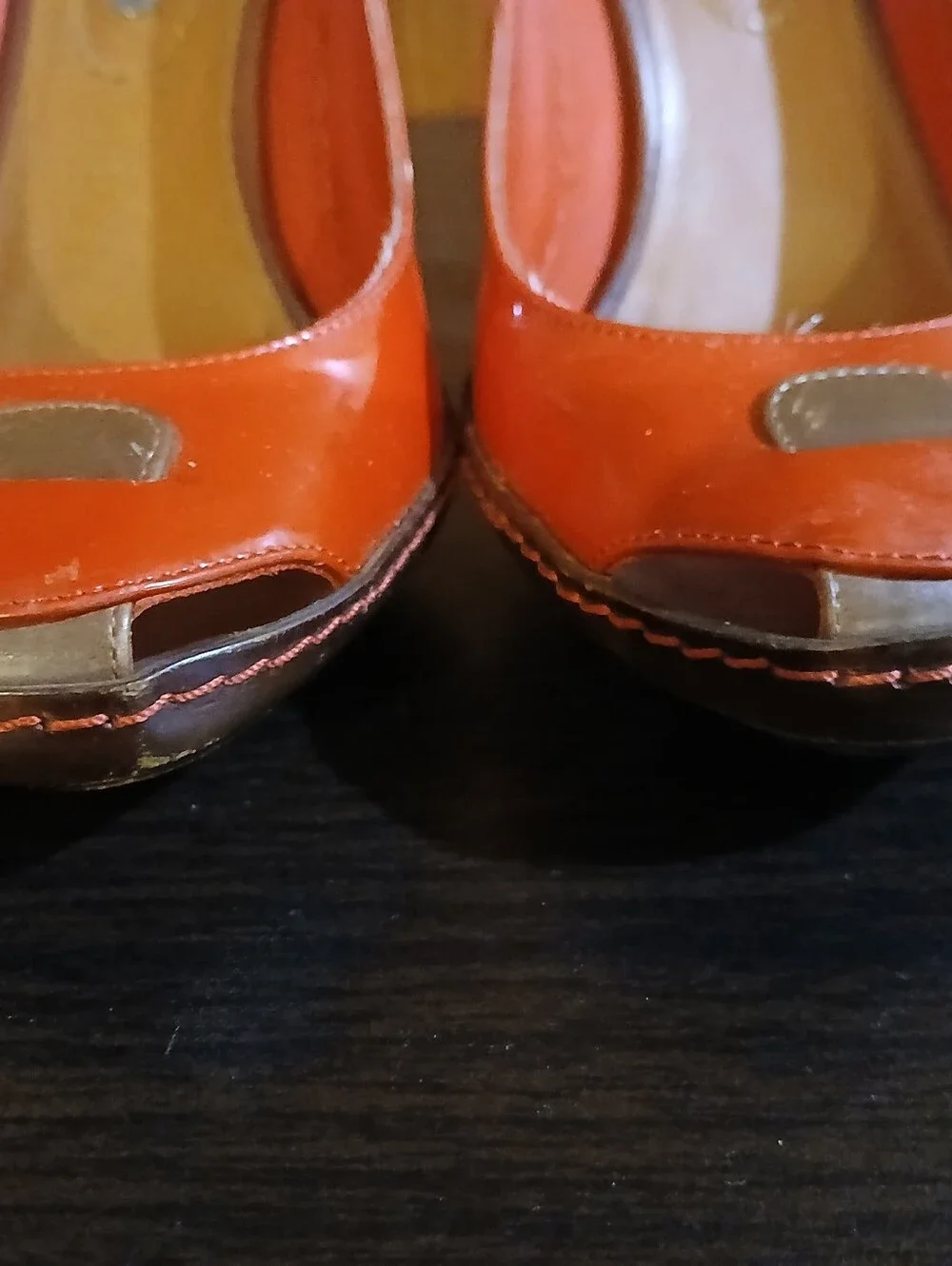 vintage CELINE red & brown patent leather wood heels